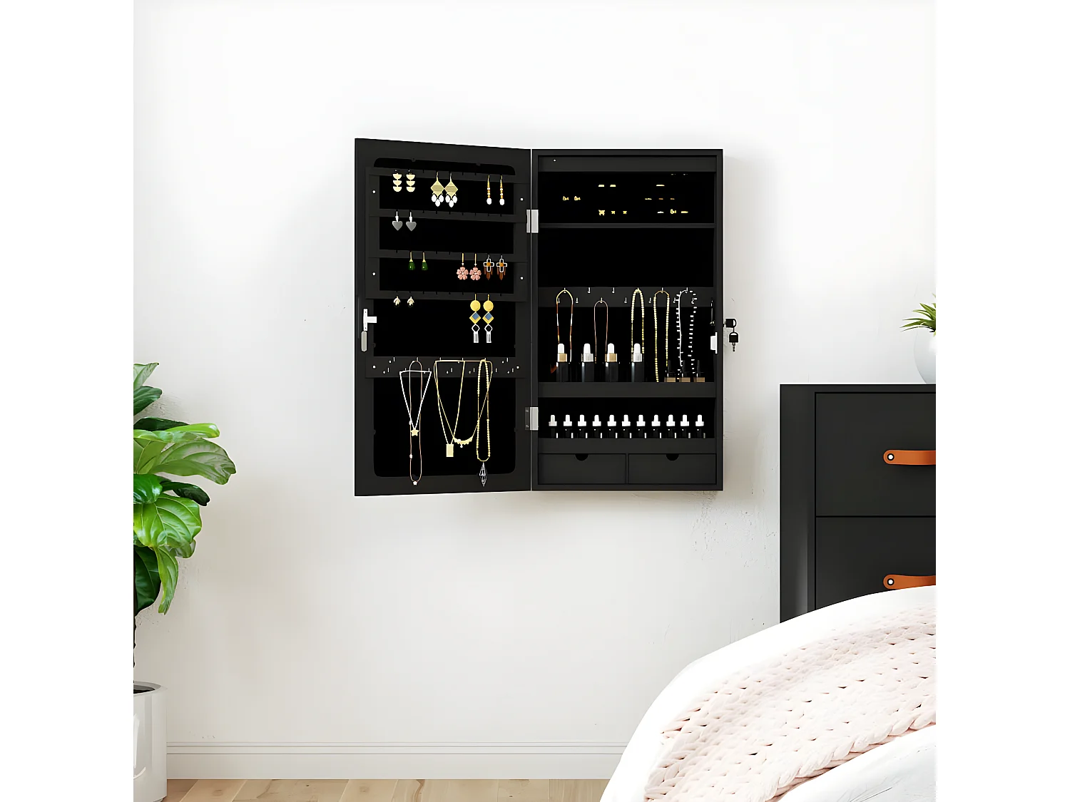 Armoire à bijoux avec miroir et éclairage LED mural noir OFR42009 BonneVie Meuble
