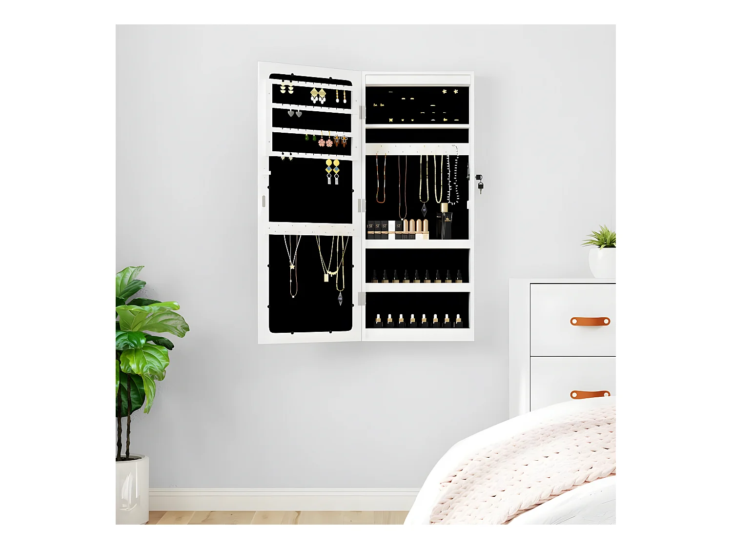 Armoire à bijoux avec miroir et éclairage LED mural blanc OFR47923 BonneVie Meuble