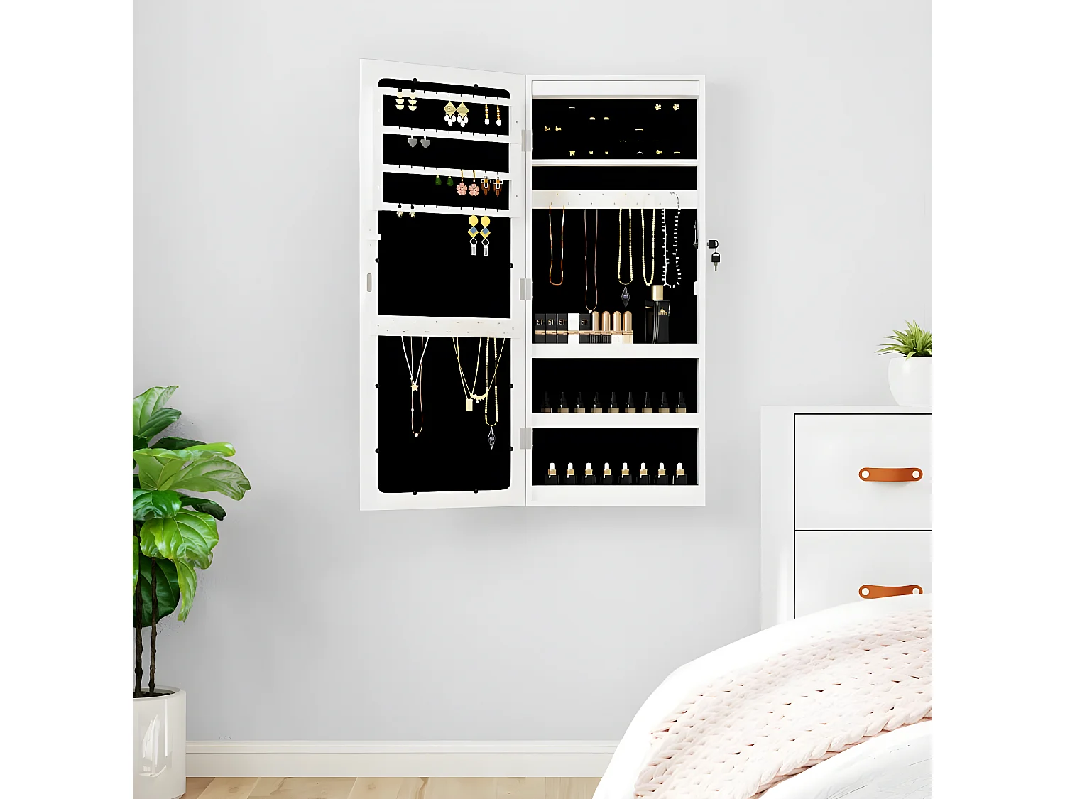 Armoire à bijoux avec miroir et éclairage LED mural blanc OFR47923 BonneVie Meuble