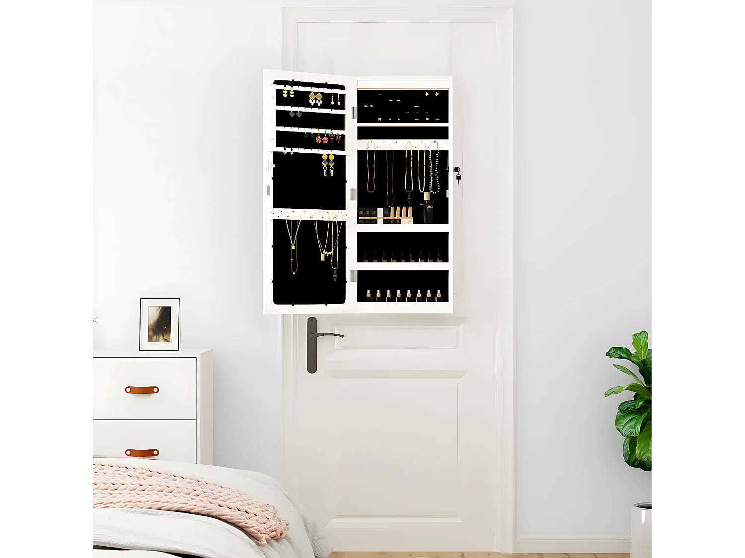 Armoire à bijoux avec miroir et éclairage LED mural blanc OFR47923 BonneVie Meuble