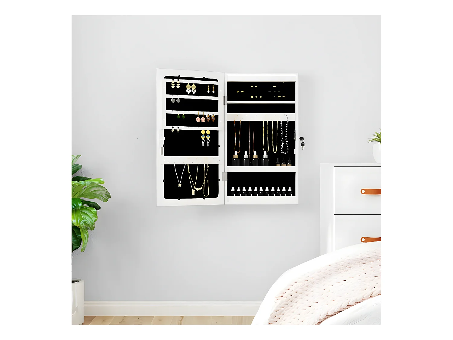Armoire à bijoux avec miroir et éclairage LED mural blanc OFR85986 BonneVie Meuble