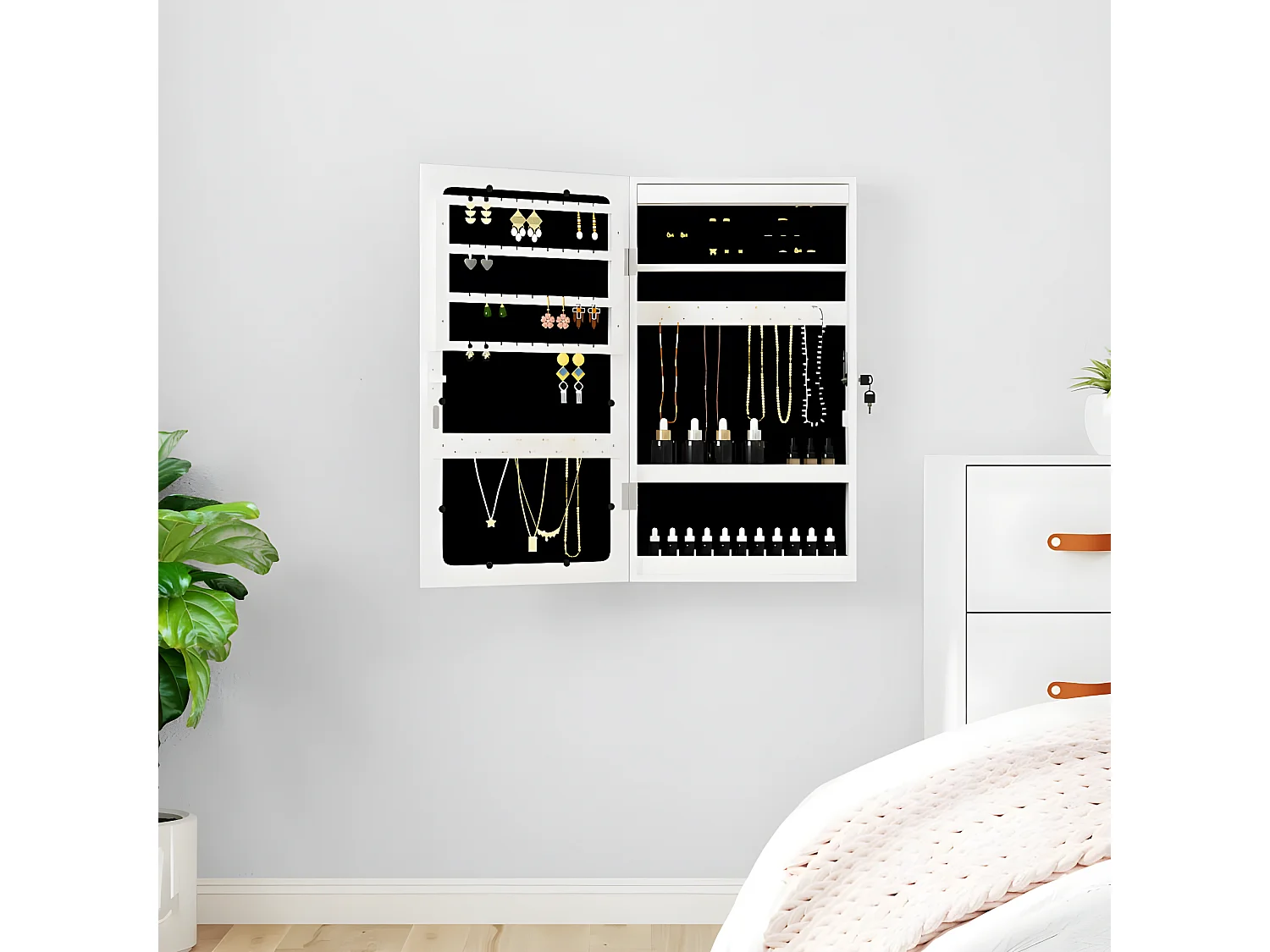 Armoire à bijoux avec miroir et éclairage LED mural blanc OFR85986 BonneVie Meuble