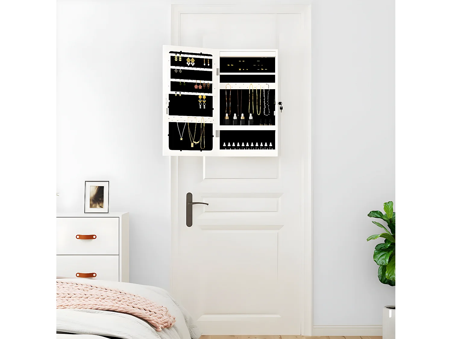 Armoire à bijoux avec miroir et éclairage LED mural blanc OFR85986 BonneVie Meuble