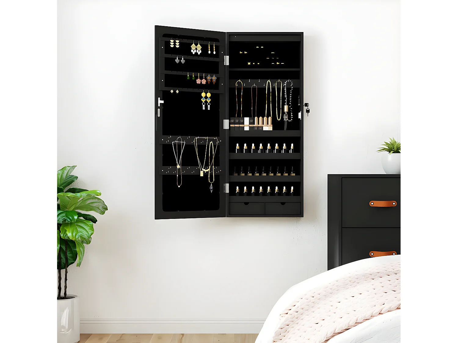 Armoire à bijoux avec miroir et éclairage LED mural noir OFR56015 BonneVie Meuble