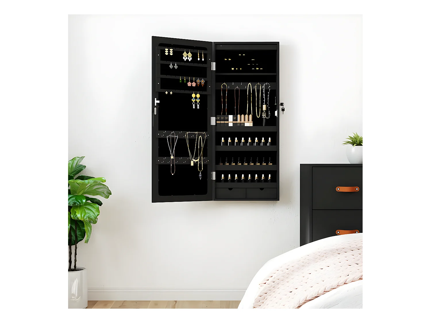Armoire à bijoux avec miroir et éclairage LED mural noir OFR56015 BonneVie Meuble
