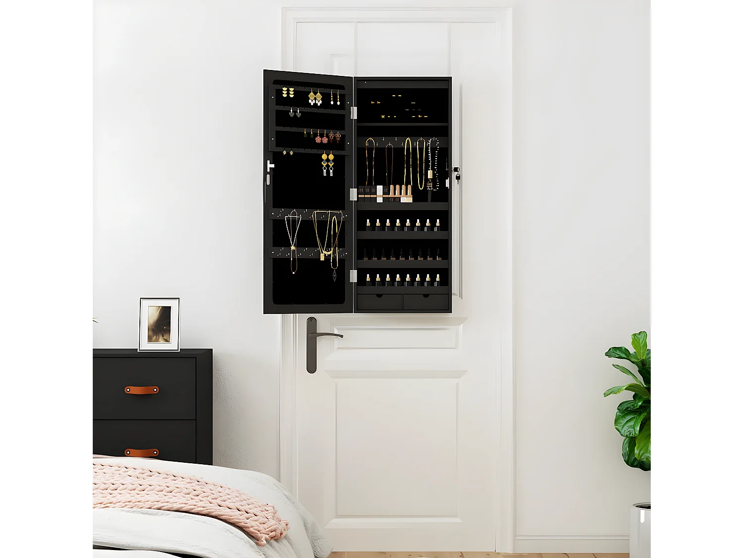 Armoire à bijoux avec miroir et éclairage LED mural noir OFR56015 BonneVie Meuble