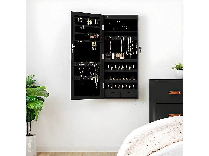 Móvel para joias de parede espelhado com luzes LED preto PT540600