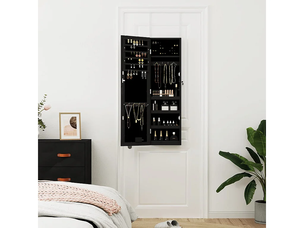 Armoire à bijoux avec miroir et éclairage LED mural noir OFR57153 BonneVie Meuble