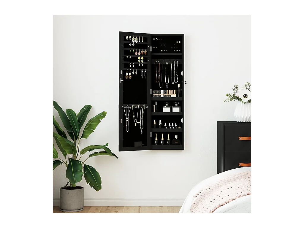 Armoire à bijoux avec miroir et éclairage LED mural noir OFR57153 BonneVie Meuble