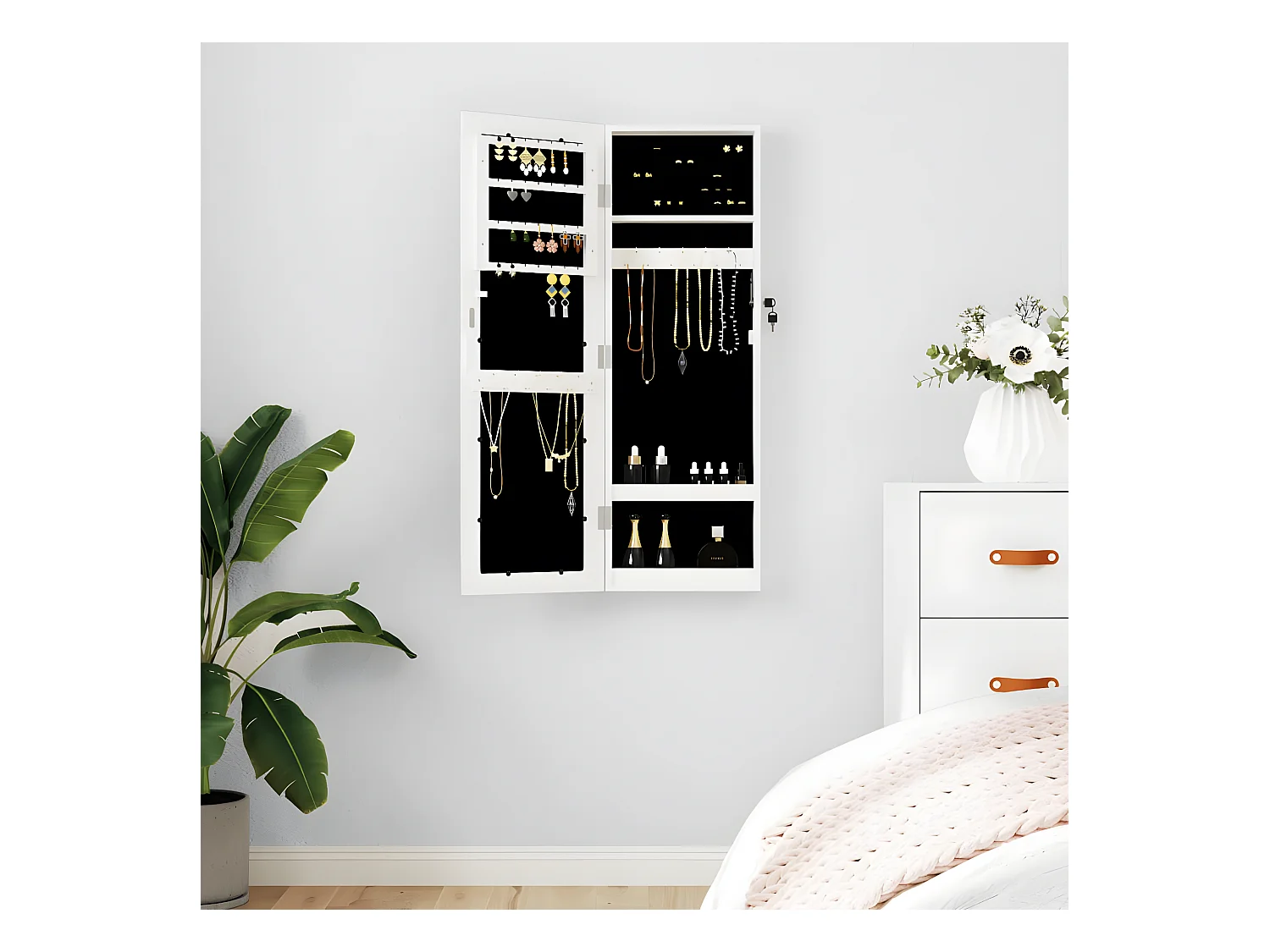 Armoire à bijoux avec miroir murale blanc 30x8,5x90 cm OFR98851 BonneVie Meuble