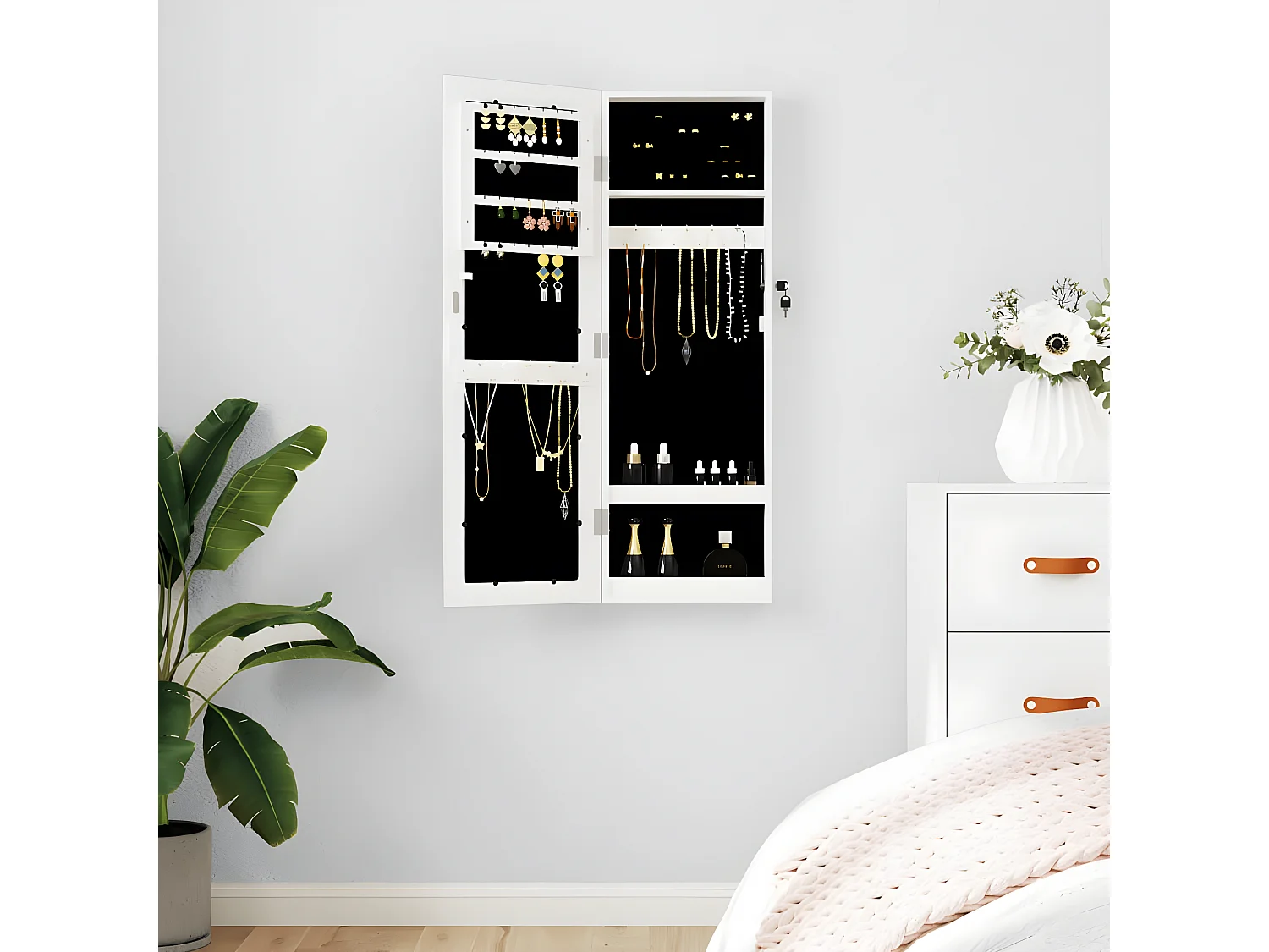 Armoire à bijoux avec miroir murale blanc 30x8,5x90 cm OFR98851 BonneVie Meuble