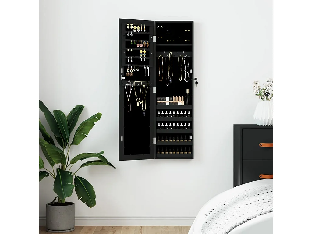 Armoire à bijoux avec miroir murale noir 30x8,5x106 cm OFR60727 BonneVie Meuble