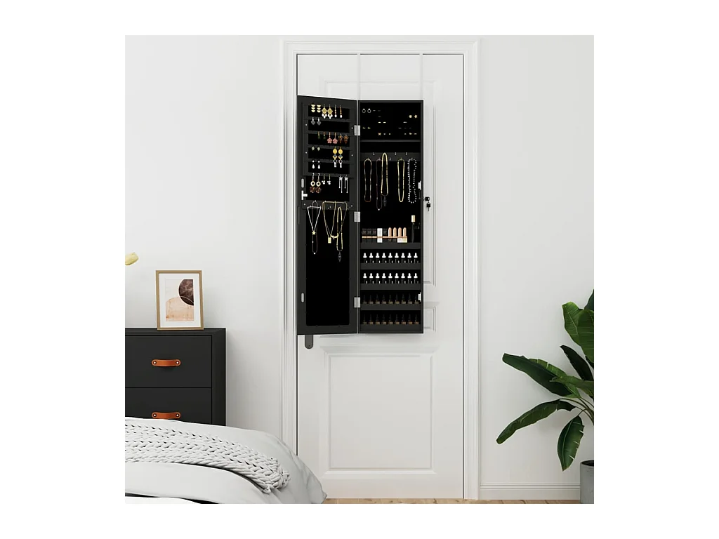Armadio Portagioie con Specchio a Muro Nero 30x8,5x106 cm CFW52561
