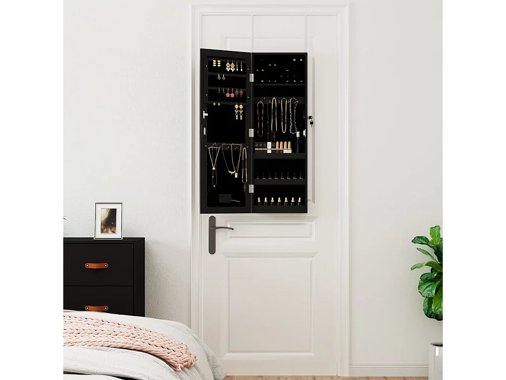 Armoire à bijoux avec miroir et éclairage LED mural noir OFR41665 BonneVie Meuble