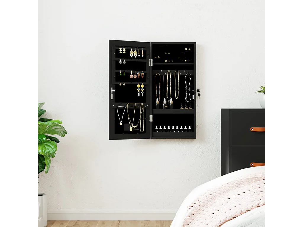 Armoire à bijoux avec miroir et éclairage LED mural noir OFR74783 BonneVie Meuble