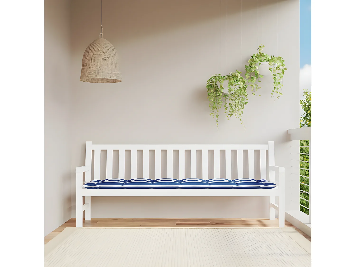 Coussin de banc de jardin rayures bleues et blanches 200x50x7cm OFR72432
