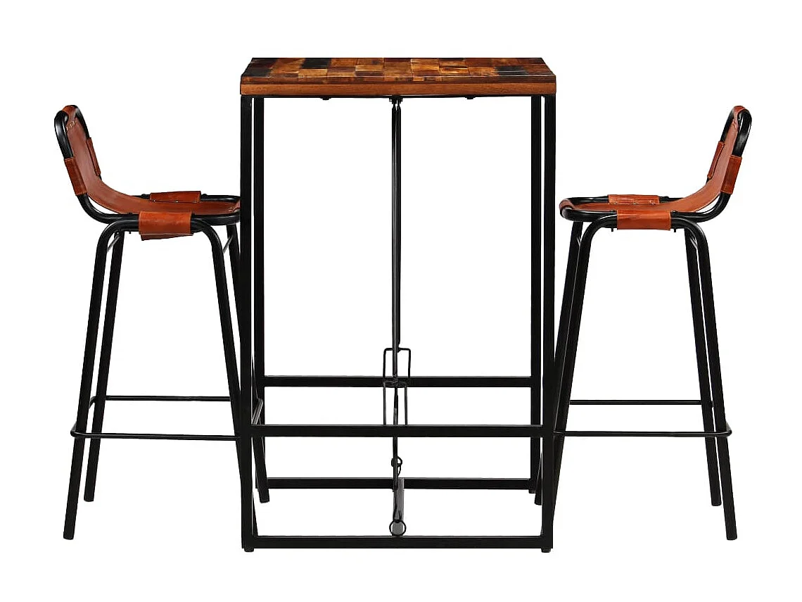 Set muebles bar 3 pzas madera reciclada cuero cabra auténtico ES43449