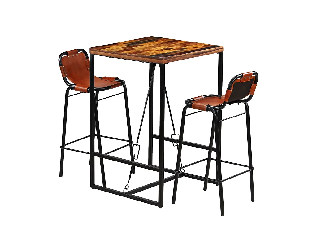 Ensemble de bar 3 pcs Bois massif recyclé et cuir de chèvre LCS7480
