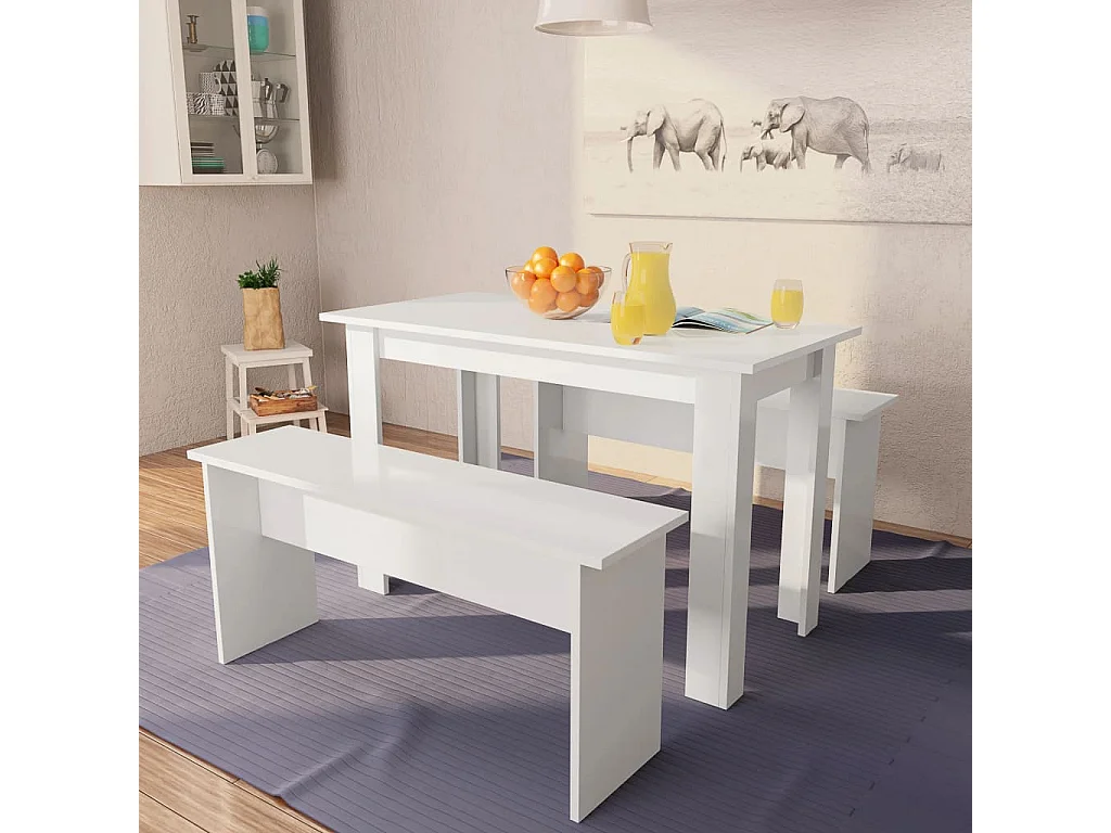 Table de salle à manger et bancs 3 pcs Bois d'ingénierie Blanc PLQ6820