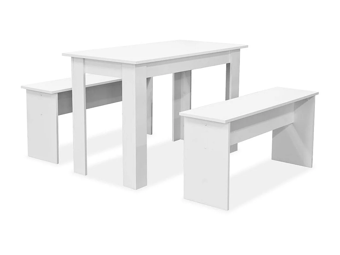 Table de salle à manger et bancs 3 pcs Bois d'ingénierie Blanc PLQ6820
