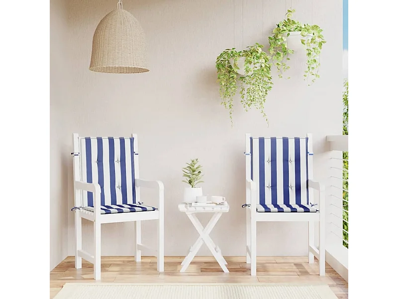 Stoelkussens 2 st lage rug gestreept stof wit en blauw NL447271