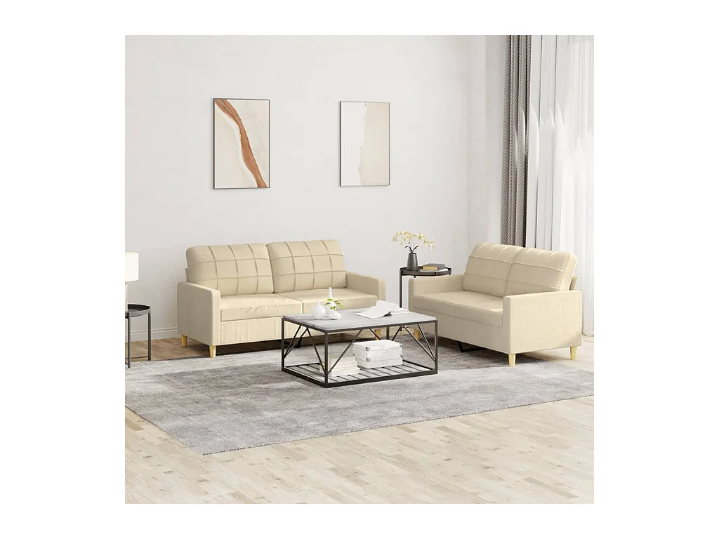 2-tlg. Sofagarnitur,Couchgarnitur mit Kissen Creme Stoff -gkd73117