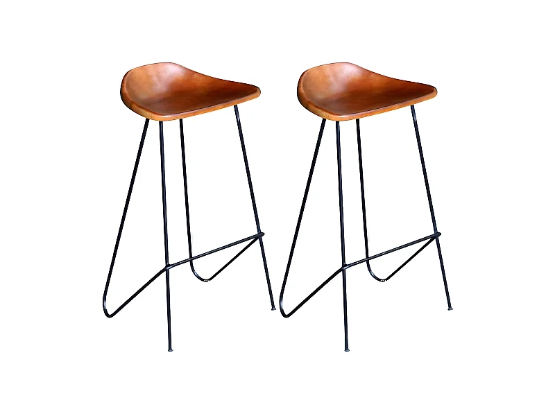 lot de 2 Tabourets de bar noir et marron cuir véritable LSJ4413