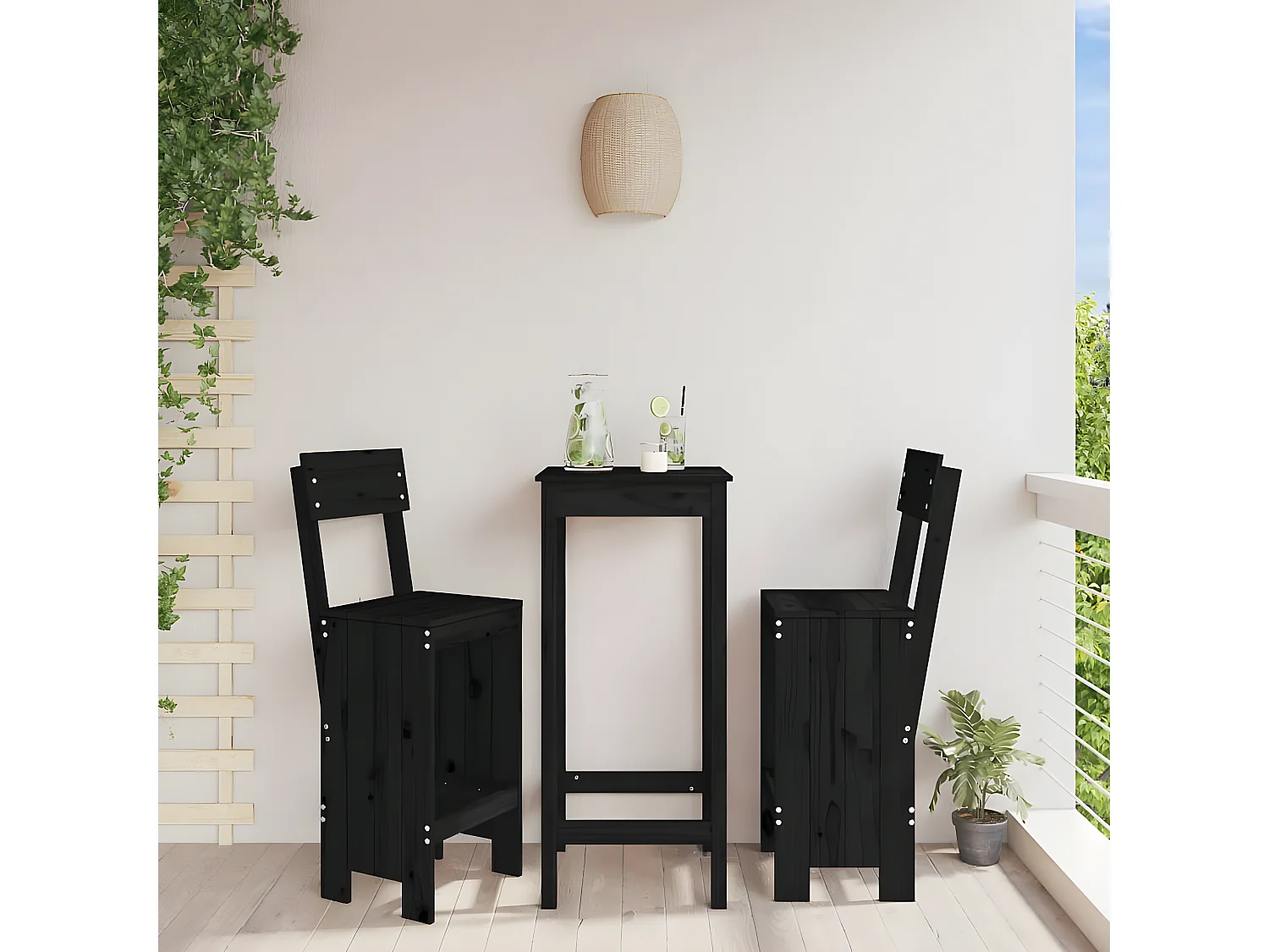 lot de 2 Tabourets de bar noir 40x48,5x115,5 cm bois massif de pin SSA4267