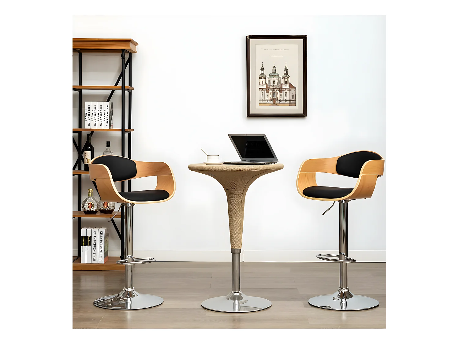 Tabourets de bar lot de 2 noir bois courbé et similicuir SEF47024