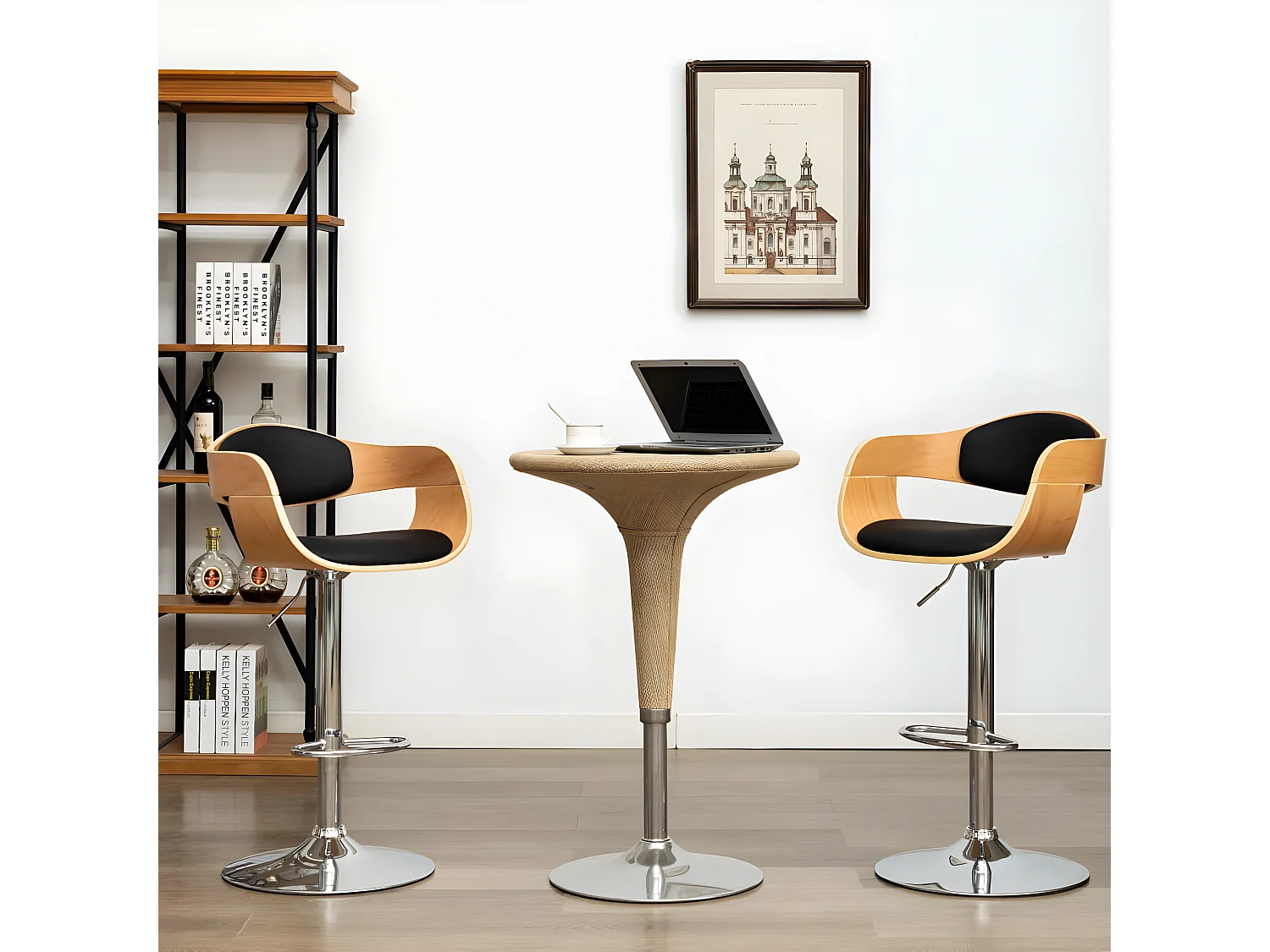 Tabourets de bar lot de 2 noir bois courbé et similicuir SEF47024