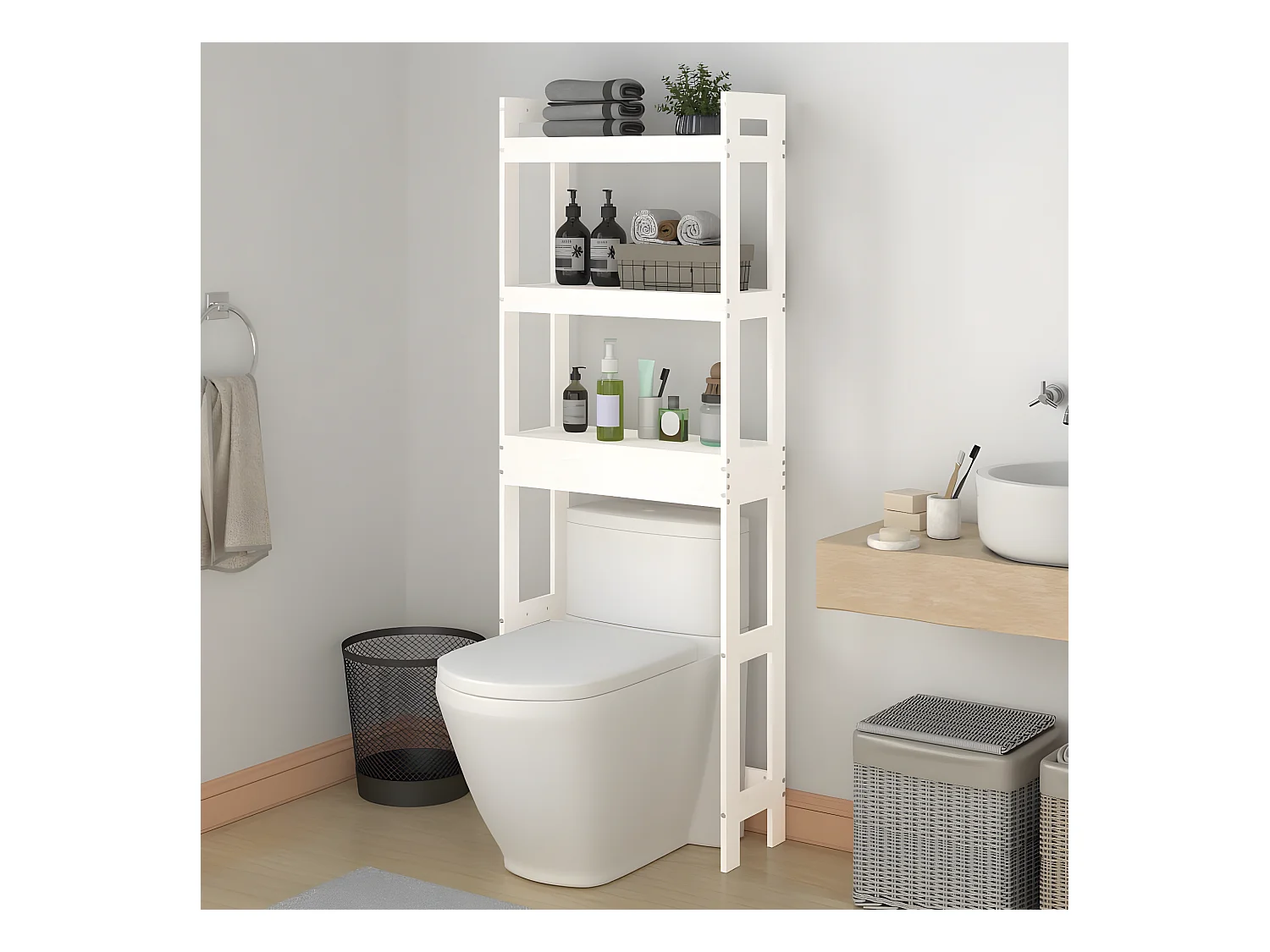 Étagère de toilette Blanc 63x26x171 cm Bois de pin massif OFR81664 BonneVie Meuble