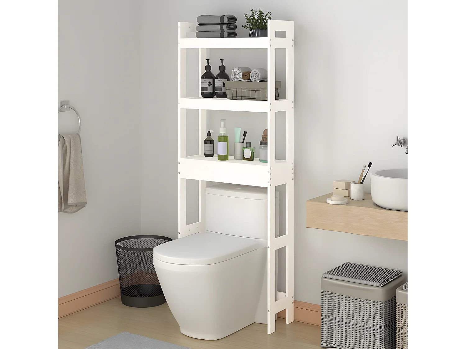 Étagère de toilette Blanc 63x26x171 cm Bois de pin massif OFR81664 BonneVie Meuble