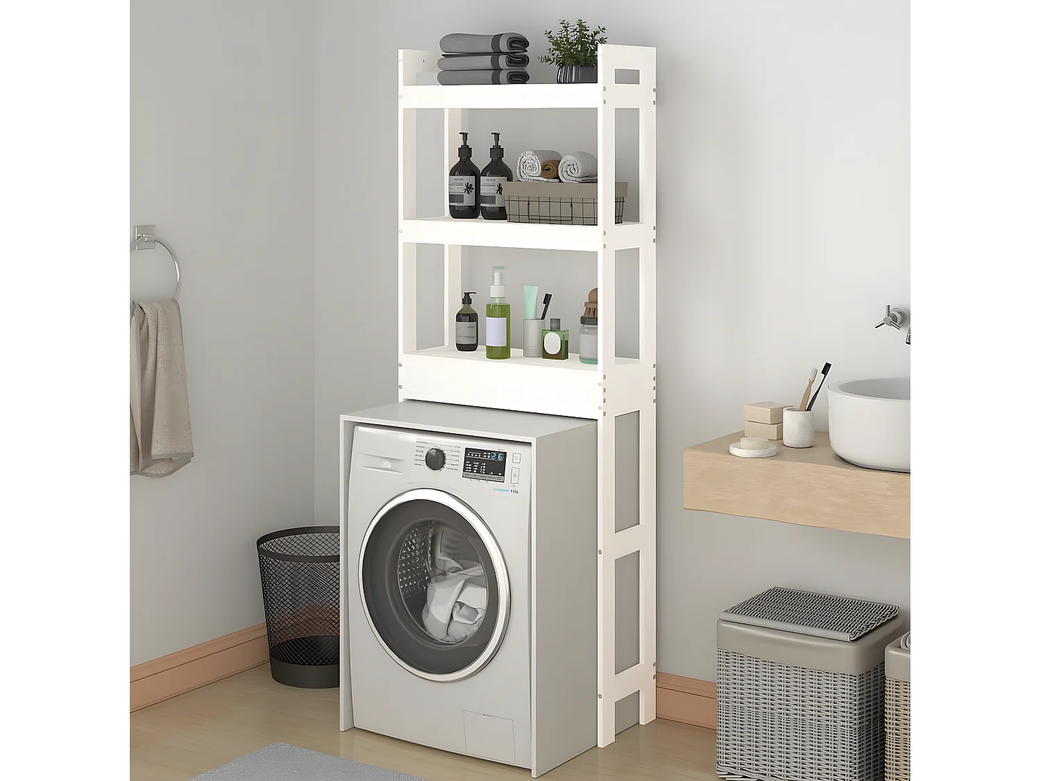 Étagère de toilette Blanc 63x26x171 cm Bois de pin massif OFR81664 BonneVie Meuble