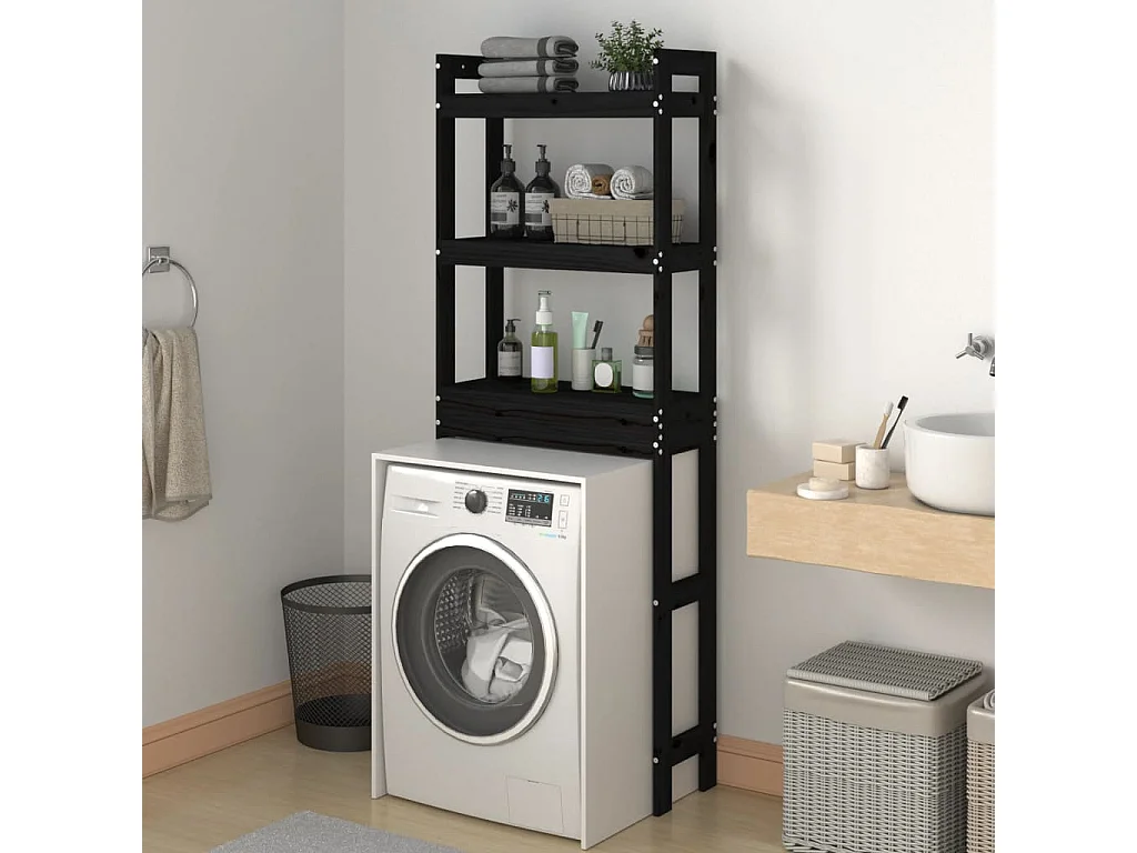 Étagère de toilette Noir 63x26x171 cm Bois de pin massif OFR30687 BonneVie Meuble