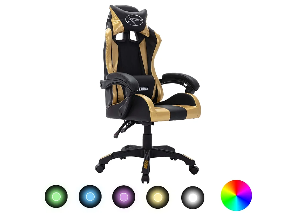Silla gaming con luces LED RGB cuero sintético dorado y negro ES712420