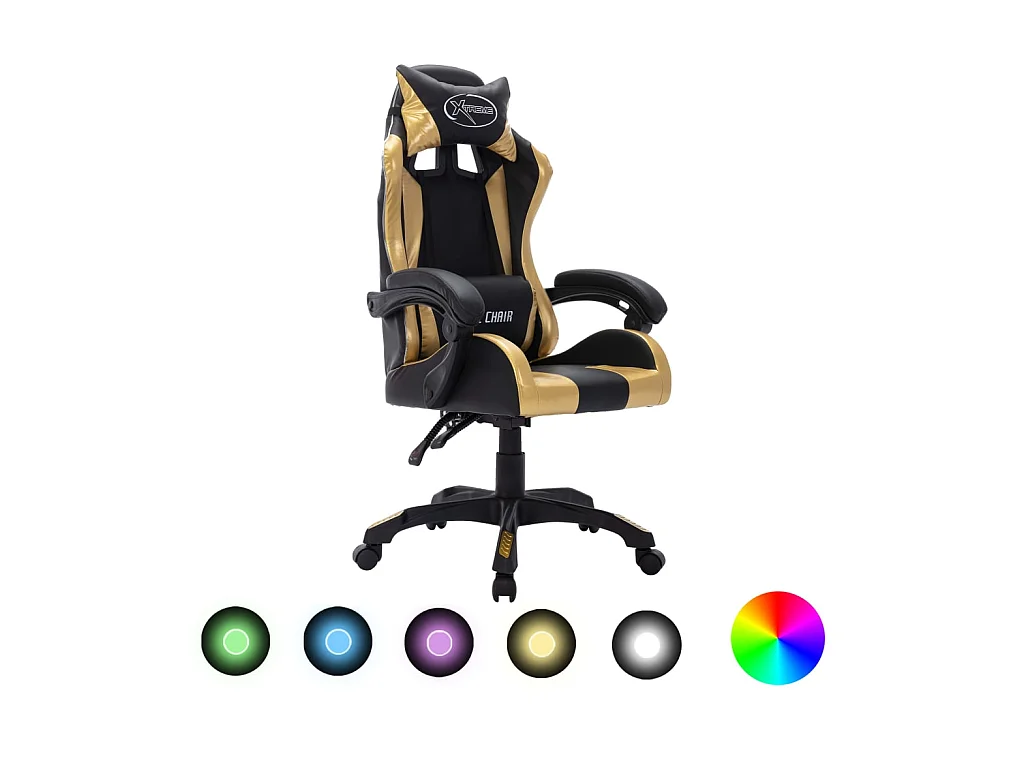 Cadeira estilo corrida luzes LED RGB couro artif. dourado/preto PT604117