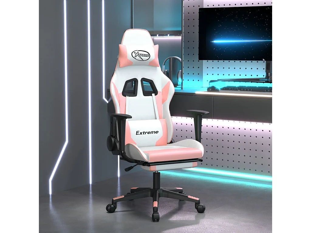 Cadeira gaming com apoio p/ pés couro artificial branco e rosa PT759865
