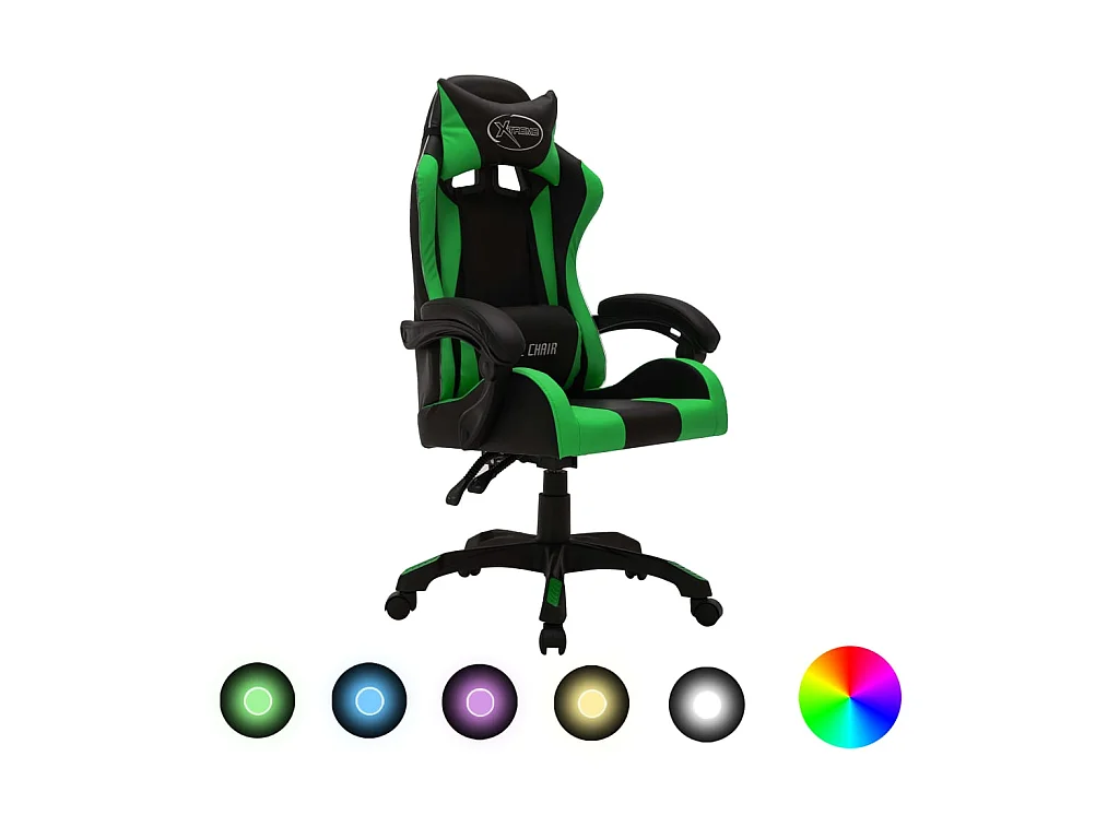 Cadeira estilo corrida luzes LED RGB couro artif. verde/preto PT906279
