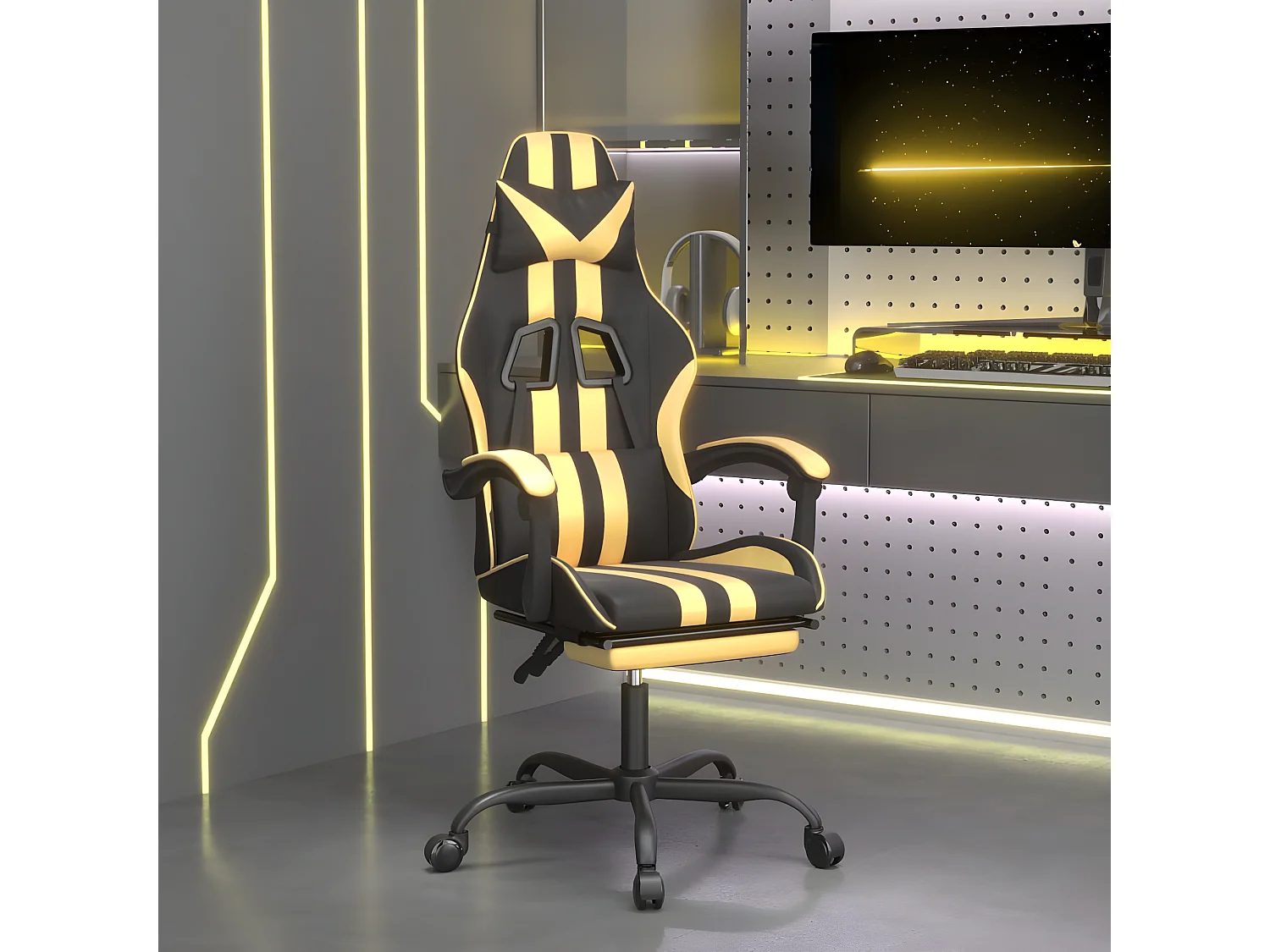 Chaise gaming avec repose-pied Noir et doré Similicuir SEF26150