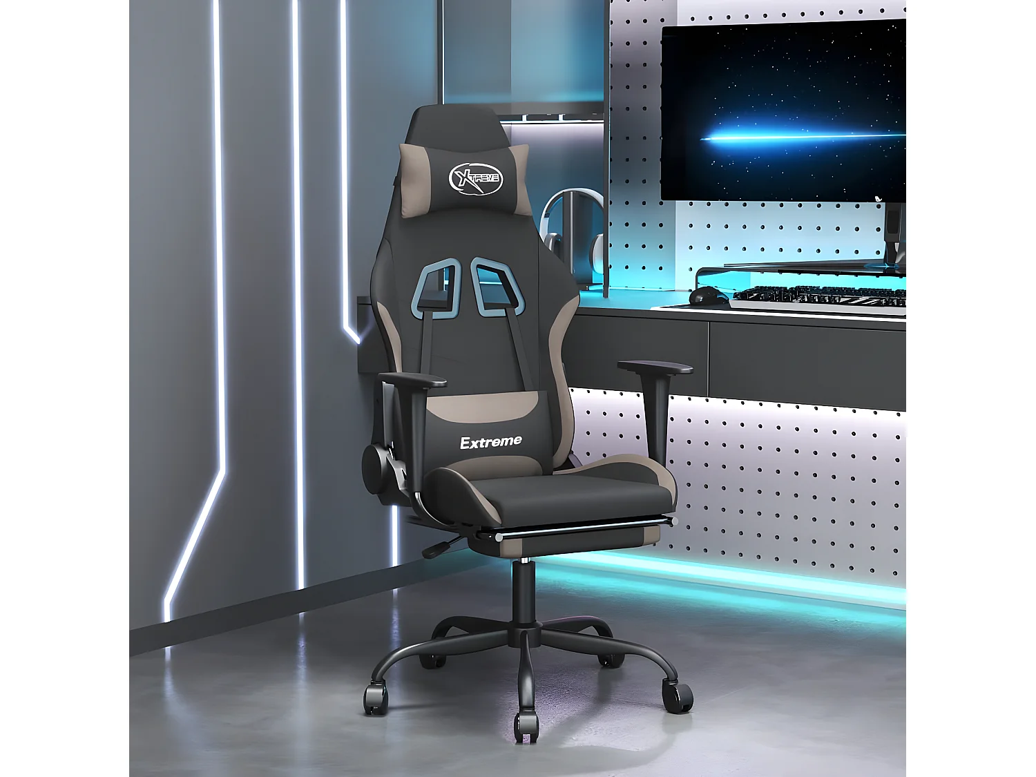 Silla gaming con reposapiés tela negro y gris taupe ES45364