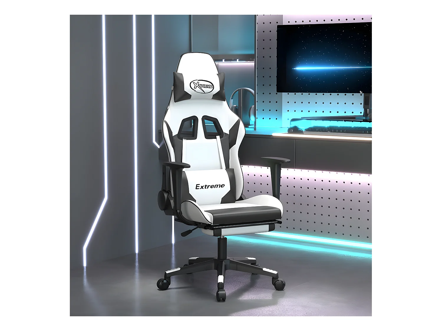 Chaise gaming avec repose-pied Blanc et noir Similicuir SEF78958