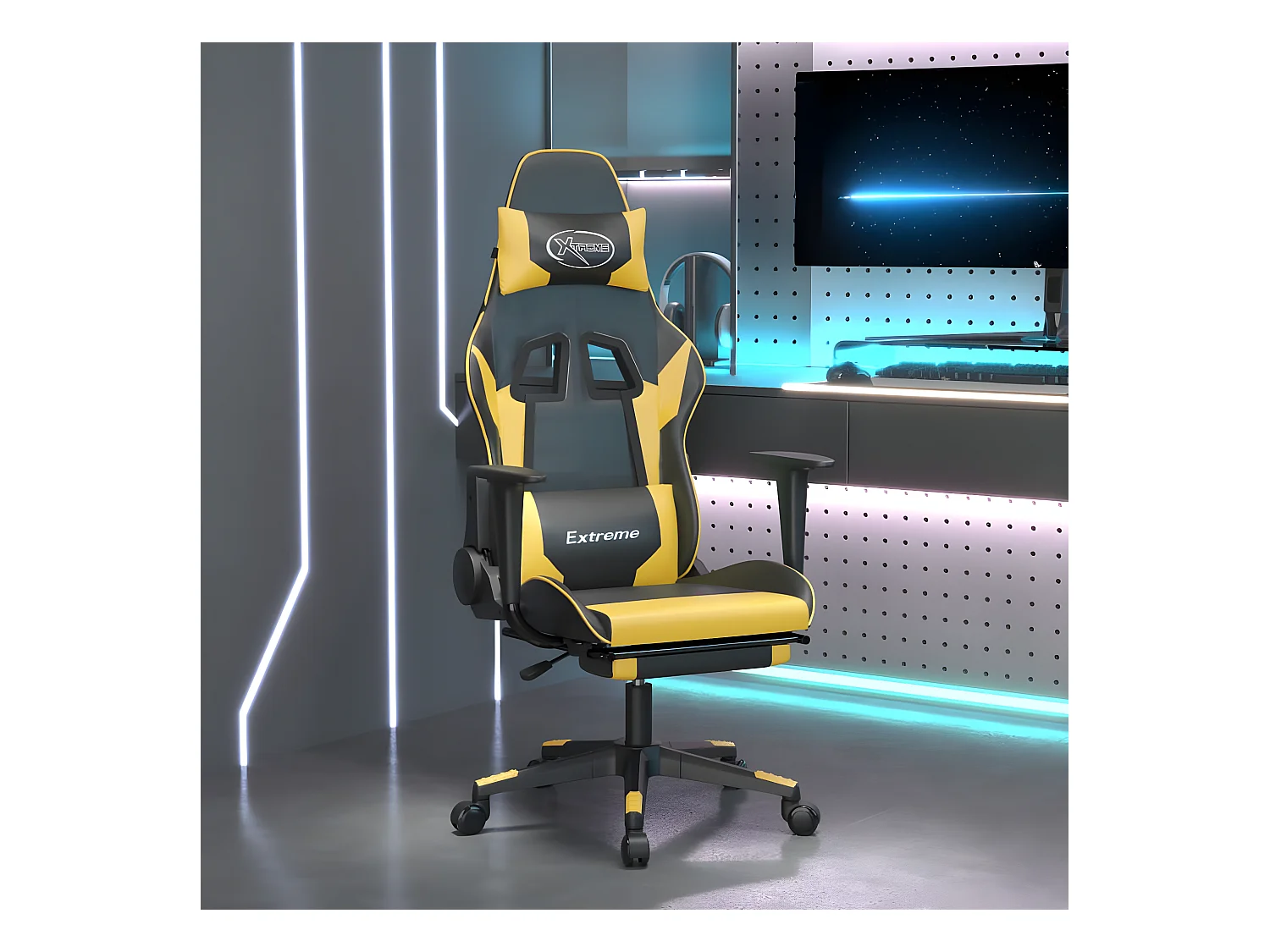 Chaise gaming avec repose-pied Noir et doré Similicuir SEF40047