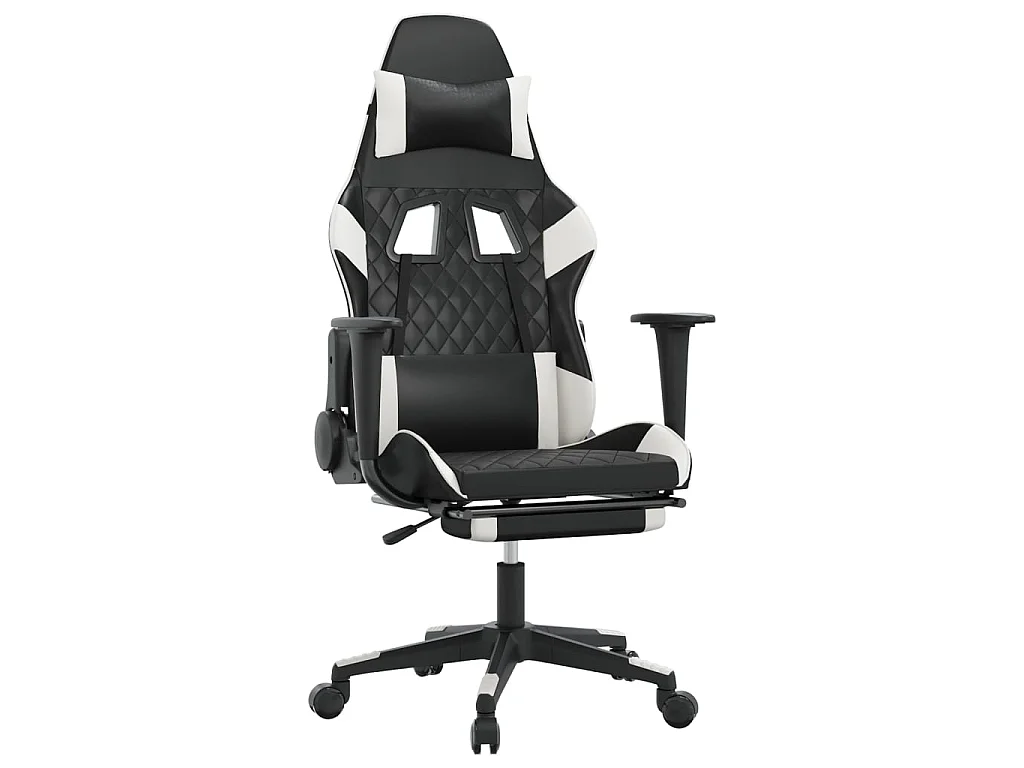 Cadeira gaming massagens c/ apoio pés couro artif. preto/branco PT715894