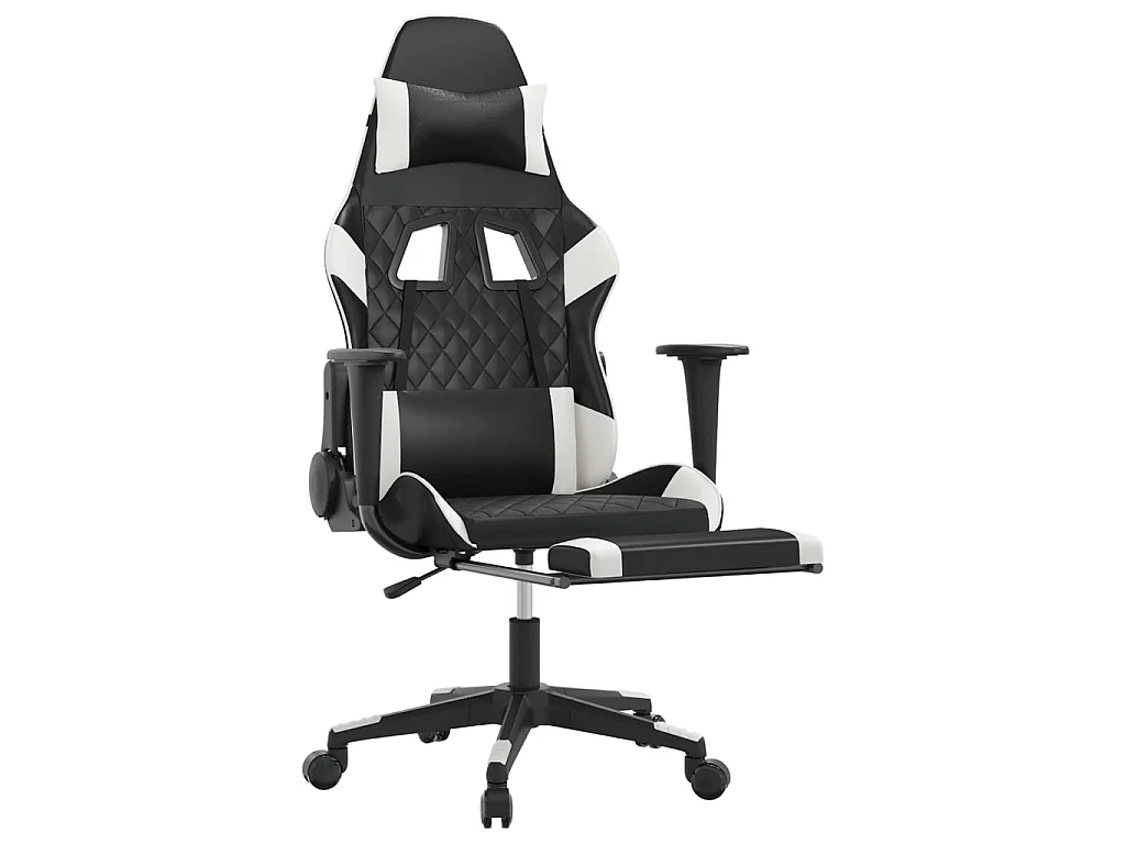 Cadeira gaming massagens c/ apoio pés couro artif. preto/branco PT715894