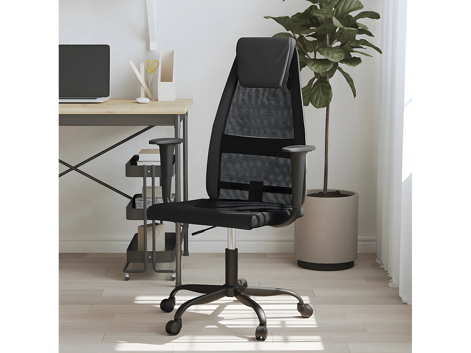 Silla de oficina altura ajustable tela malla y cuero PE negro ES26624