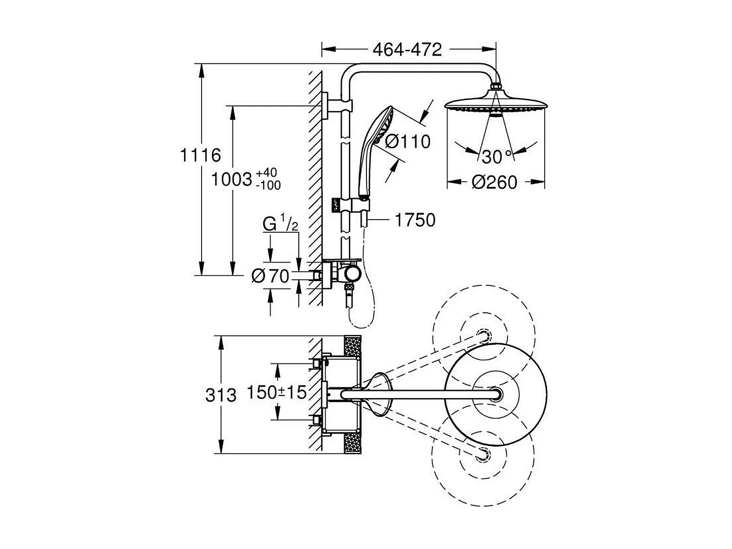 Thermostat-Duschsäule GROHE Vitalio Joy System 260 - Handbrause 3 Strahlen, Kopfbrause 3 Strahlen
