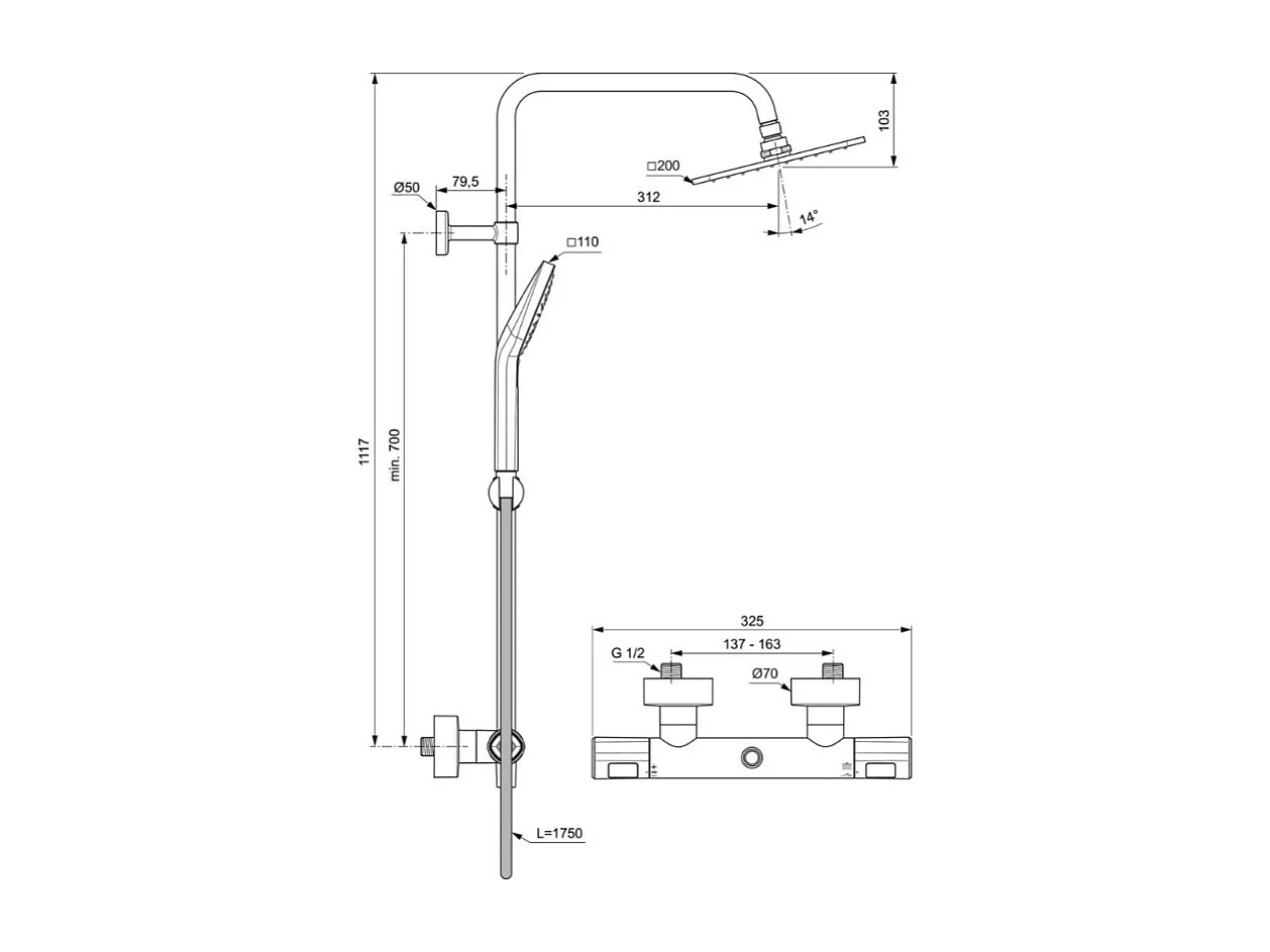 Colonne de douche thermostatique - CERATHERM T100 - Pomme de tete 20 cm + Douchette 11 cm 3J - Chrome - Ideal Standard