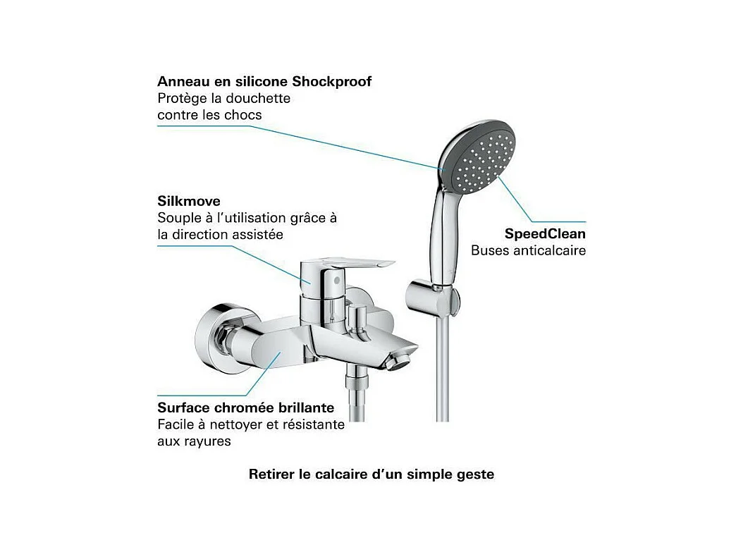 Mitigeur bain douche mécanique GROHE Quickfix Start 2021 avec flexible + support + pommeau de douche