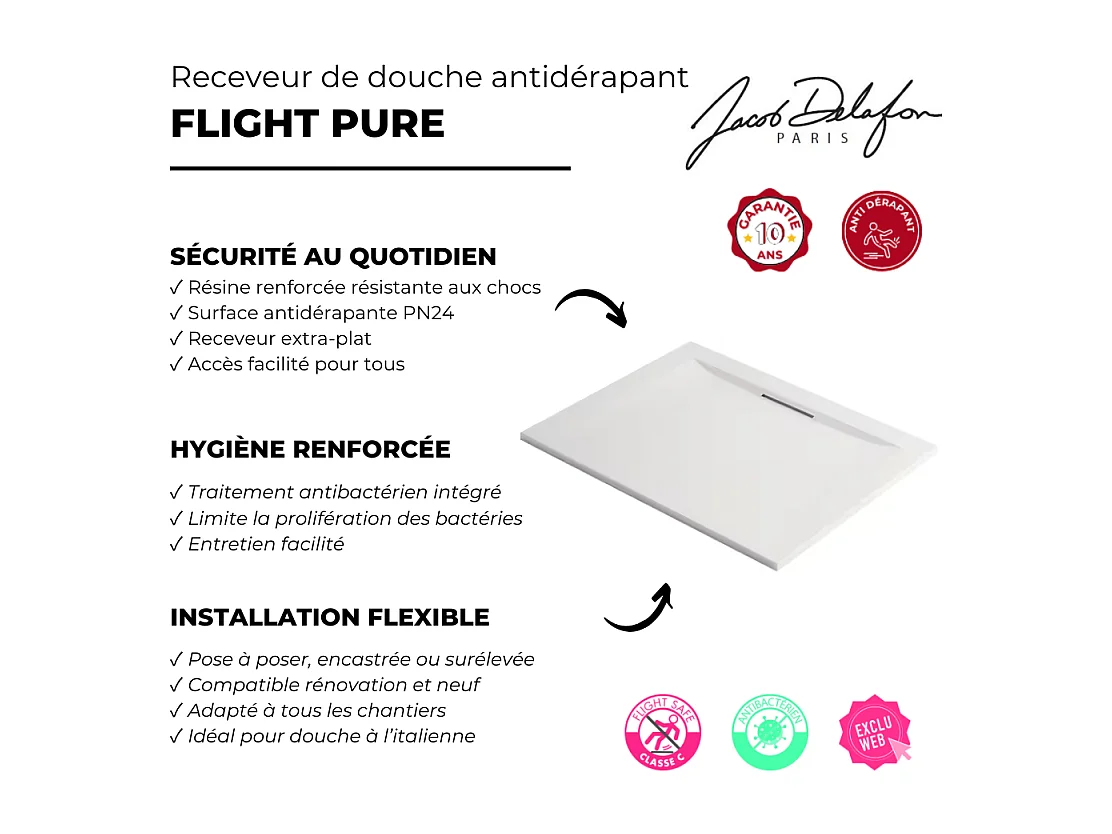 Receveur de douche antidérapant 90 x 90 JACOB DELAFON Flight Pure carré blanc