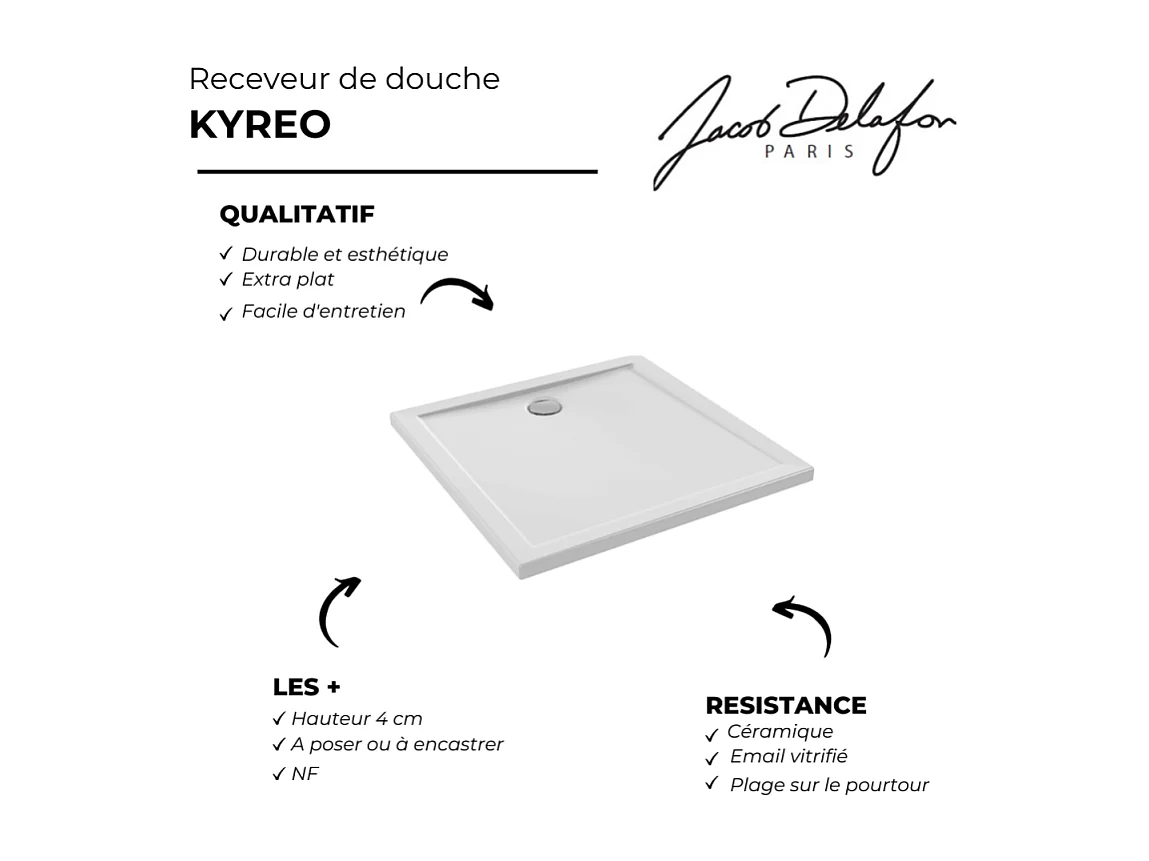 Receveur de douche 90 x 90 JACOB DELAFON Kyreo ceramique carré blanc